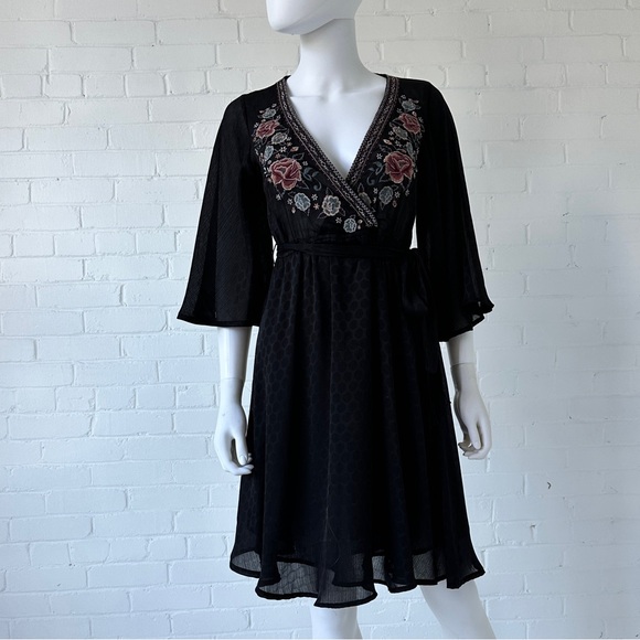 Champagne & Strawberry Embroidered Wrap Dress with Subtle Polka Dots - Picture 1 of 6